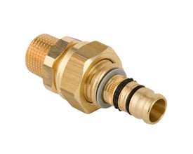 Geberit Mepla union med udvendigt gevind til 16mm rør, med 1/2" R og 3/4" G gevind i messing.