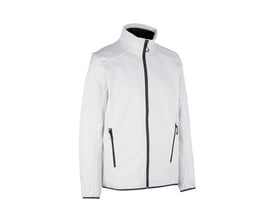 ID Identity hvid softshell jakke til herrer i størrelse XL, med sort lynlås og sorte lommer.