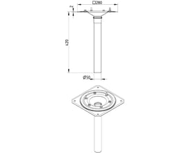 Teknisk tegning af Blücher underdel til tagafløb med flange 280x280mm og ø50mm lodret udløb.