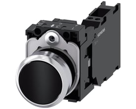Siemens trykknap, 22mm, rund, sort, flad med metalfront og momentan kontakt.