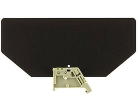 Weidmüller Endestop EP 2,35 i mørkebrun PA66 plastik til TS35 skinne, viser monteringsbeslag og selve endestoppen.