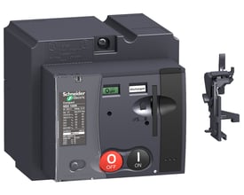 Schneider Electric motordrev MT100/160 til automatisk fjederopladning, vist med en separat monteringsdel til højre. Produktet har tydelige mærkningsplader og knapper til ON/OFF funktion.