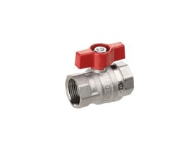 TEA kuglehane til 1/2" rør med rødt T-greb og metalhus, der viser PN 25 klassificering og mulighed for spindelforlænger.