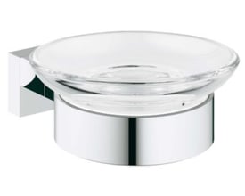 Grohe Essentials Cube sæbeskål med holder i krom og glas, vist fra siden med skjult montering på væggen.