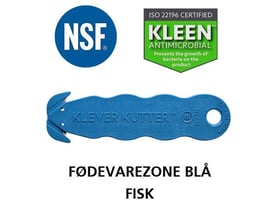 Blå Klever NSF sikkerhedskniv til fødevarezoner med skjult klinge, NSF og Kleen Antimicrobial certificeringer vist.