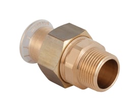 Geberit Mapress forskruning i messing, 18 mm muffe og 3/4" udvendig gevind med hvid Geberit presring.