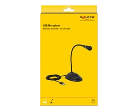 DeLOCK USB Gooseneck mikrofon med base og mute/on/off knap, vist på en gul baggrund med produktinformation.