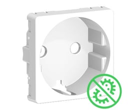 LK FUGA hvid antibac afdækning til stikkontakt med sidejord, 1 modul, med symbol der indikerer antibakterielle egenskaber.