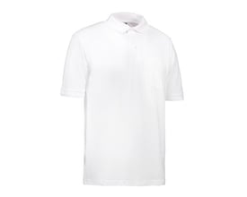 ID Identity klassisk hvid poloshirt i størrelse M, fremstillet i piqué-kvalitet med brystlomme og ribdetaljer.