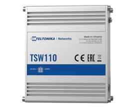 Teltonika TSW110 unmanaged switch med 5 porte og DIN-skinne montering, fremstillet i Litauen, med CE og EAC mærkninger.