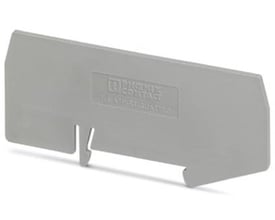 Nærbillede af Phoenix Contact ATP-ST-TWIN skillepladen, der viser den prægede logo og produktinformation i grå nuancer.