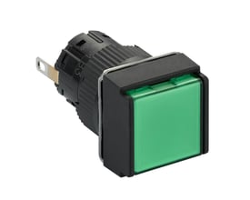 Schneider Electric rektangulært lampetryk med grøn knap og Ø16 mm montagediameter, med synlige kontakter bagpå.