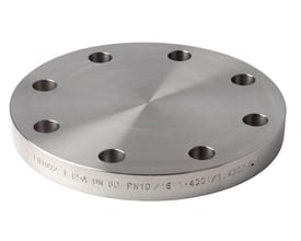 Rustfri blindflange i stål med 8 boltehuller, DN 100 og PN 40 bar, velegnet til drikkevandsinstallationer.