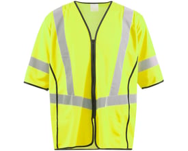 Mascot trafikvest i gul, klasse 3, med refleksdetaljer og sort kant, vist i neutralt lys med let skygge.