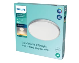 Philips Spray loftlampe i sølvfarvet emballage med LED-logo og 'Moisture resistant' mærkning, klar til montering.