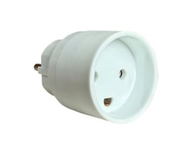 E-Line stikpropadapter i hvid plast, designet til at konvertere Schuko/Pind-jord til dansk jordstik.