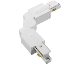 GLOBAL trac® 1-faset justerbar bøjning i hvid plast og aluminium, der forbinder to strømskinner med messingterminaler synlige.