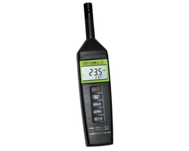 Elma 315 hygro-/termometer i sort med et grønt display, der viser 23.5% RH og 23.7 C.