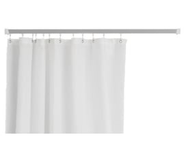 Van Der P Profil2001 hvid badeforhængstang på 180cm, vist med hvide glidere og forhæng.