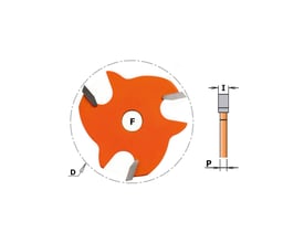 CMT slidsfræser med dimensionstegning, der viser tykkelse (I), diameter (D), og snitdybde (P).
