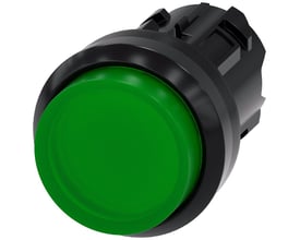 Siemens trykknap med 22 mm diameter og rund, grøn plastikknap, vist isoleret på hvid baggrund.