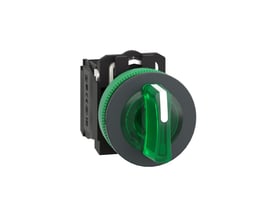 Nærbillede af Schneider Electric Harmony XB5/ZB5 drejegreb, viser den grønne LED-ring og 1NO+1NC kontaktelementet bagpå.