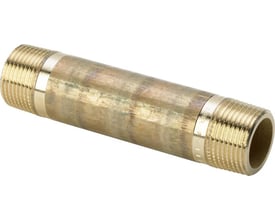 Fuldt ud Viega nippelrør 1 1/2" x 100 mm i rødgods silicium bronze, viser begge ender med gevind og midtersektion.