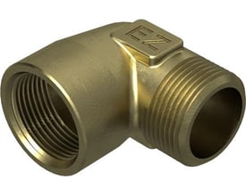 Vinkel fitting i messing med forkromet overflade, 90 graders bøjning og 3/8" gevind i begge ender, med tydelig EZ-logo.