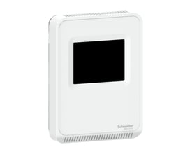 Schneider Electric luftkvalitetssensor SLP-serie med touch-skærm i mat hvid til CO2 og temperaturmåling, med BACnet MSTP/Modbus. Produktet er vist på hvid baggrund.