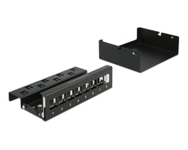 DeLock 8-ports Keystone patch panel i sort metal, vist med en aftagelig DIN-skinne monteringsclips på hvid baggrund.