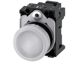 Siemens signallampe 22mm med hvid linse, metalhus og fjederterminal på en mørk baggrund.