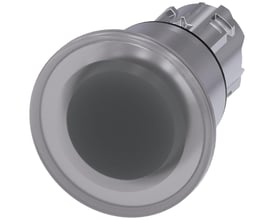 Siemens 22mm rundt paddetryk med lys, metal, skinnende finish og 40mm højde, klar aktuator vist på hvid baggrund.