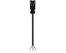 Nærbillede af et Wieland GST18i3 han-stik med 3 poler, mærket 250V 16A, forbundet til et sort kabel med afisolerede kobberledere.
