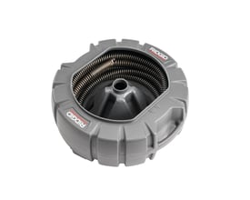 Ridgid spiralbeholder i grå plast med spiral, vist i en let vinkel fra siden, med fokus på beholderens form og funktion.