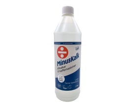 Flaske med Minus Kalk kalkfjerner til kaffemaskiner, 1 liter, med hvid flaske og blå-hvid etiket.