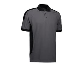 ID Identity Poloshirt Pro i sølvgrå med sorte detaljer på skuldre og sider, 6XL størrelse, præsenteret på hvid baggrund.