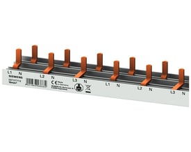 Siemens PIN samleskinne med 10 mm² tilslutning og 4 tilslutningspunkter pr. fase, mærket L1, N, L2, N, L3, N.