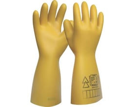 Gule sikkerhedshandsker, klasse 0, 1000V, størrelse 8, vist parvis på hvid baggrund.