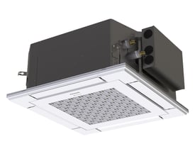 Panasonic S-50PY3E 4-vejs kassette indedel med hvidt frontpanel og gråt kabinet, klar til installation.