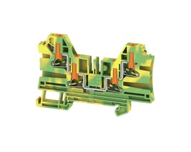 Detaljeret billede af Weidmüller AL4C 4PE PUSH IN klemmen, der viser den interne PUSH IN-mekanisme og gul/grønne farvekodning for 4 mm².