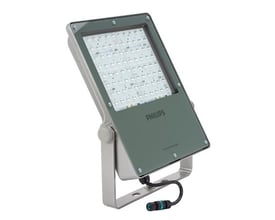 Philips CoreLine projektør BVP130 i grå, 162W med 21000 lumen og asymmetrisk lysfordeling, vist med monteringsbeslag.