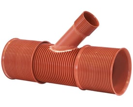 Uponor Double/Rib2 grenrør i PP, 560 mm diameter og 45 graders vinkel, vist på hvid baggrund uden gummiringe.