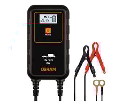 Osram BATTERYcharger 908 er en 8A smart oplader til 6V og 12V køretøjer med klips og ringterminaler.
