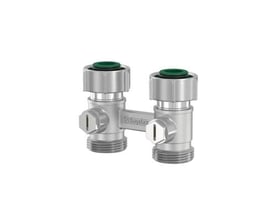 Flamco H-blok D2/50 med lige gennemgang, G3/4" indvendig/udvendig gevind i sølvfarvet metal med grønne detaljer.
