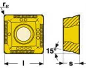 Nærbillede af Seco Tools SPGX0502-C1 DP3000 skæreplade, der viser en top- og sideprofil med dimensioner 'l' og 's'.