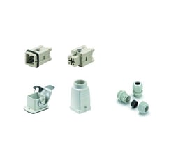 Weidmüller HDC-KIT-HA 03.301 M komplet kit med tre 3-polede industristik, hus og kabelforskruninger i lysegrå plast.