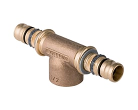 Geberit Mepla t-stykke i rødgods med en 50mm muffe og to 50mm press-tilslutninger.