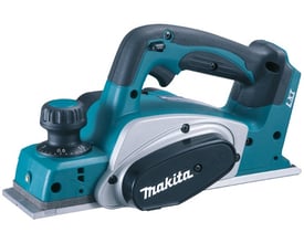 Makita falshøvl DKP180Z på 18 V med 82 mm høvlebredde, set skråt fra siden i turkis og sort.