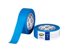 HPX blå afdækningstape med UV-beskyttelse, 38 mm bred og 50 meter lang, vist i ruller, hvoraf én er delvist rullet ud.