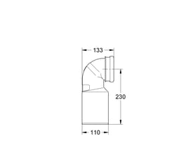 Teknisk tegning af Grohe afløbsbøjning til Rapid med dimensioner: 133mm bred, 230mm høj og 110mm dyb.